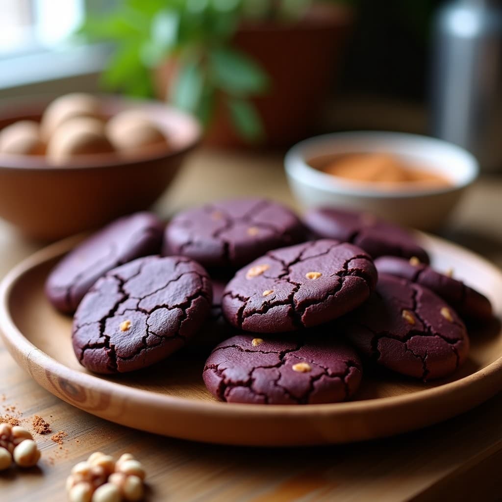 Galletas redondas de color morado oscuro con trocitos de nueces, horneadas y crujientes, dispuestas en un plato de madera rústica. Postre sin gluten y sin azúcar de harina de Aristotelia Chilensis y nueces.