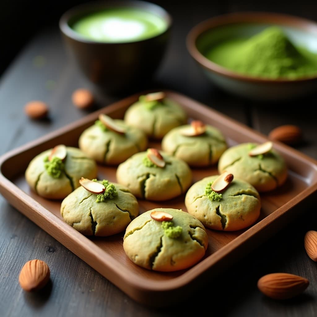 Galletas redondas y doradas de harina de arroz y matcha con almendras fileteadas, dispuestas en una bandeja de madera rústica con té verde al fondo, postre japonés keto y sin gluten.