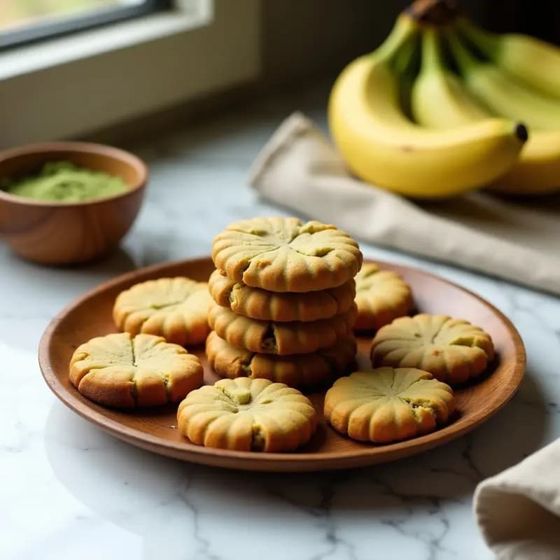 Galletas doradas y crujientes de harina de banano verde con semillas de moringa, apiladas en un plato rústico de madera con fondo blanco. Snack superfood sin gluten listo para servir.