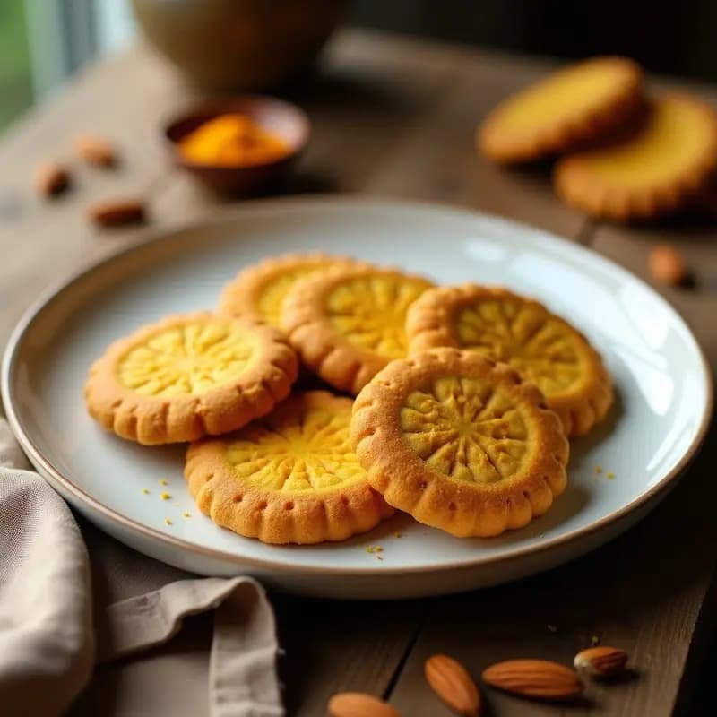 Galletas doradas y crujientes de harina de banano verde y cúrcuma, con trocitos de almendra, dispuestas en un plato de cerámica blanca sobre fondo de madera rústica. Receta de desayuno antiinflamatorio sin horno.