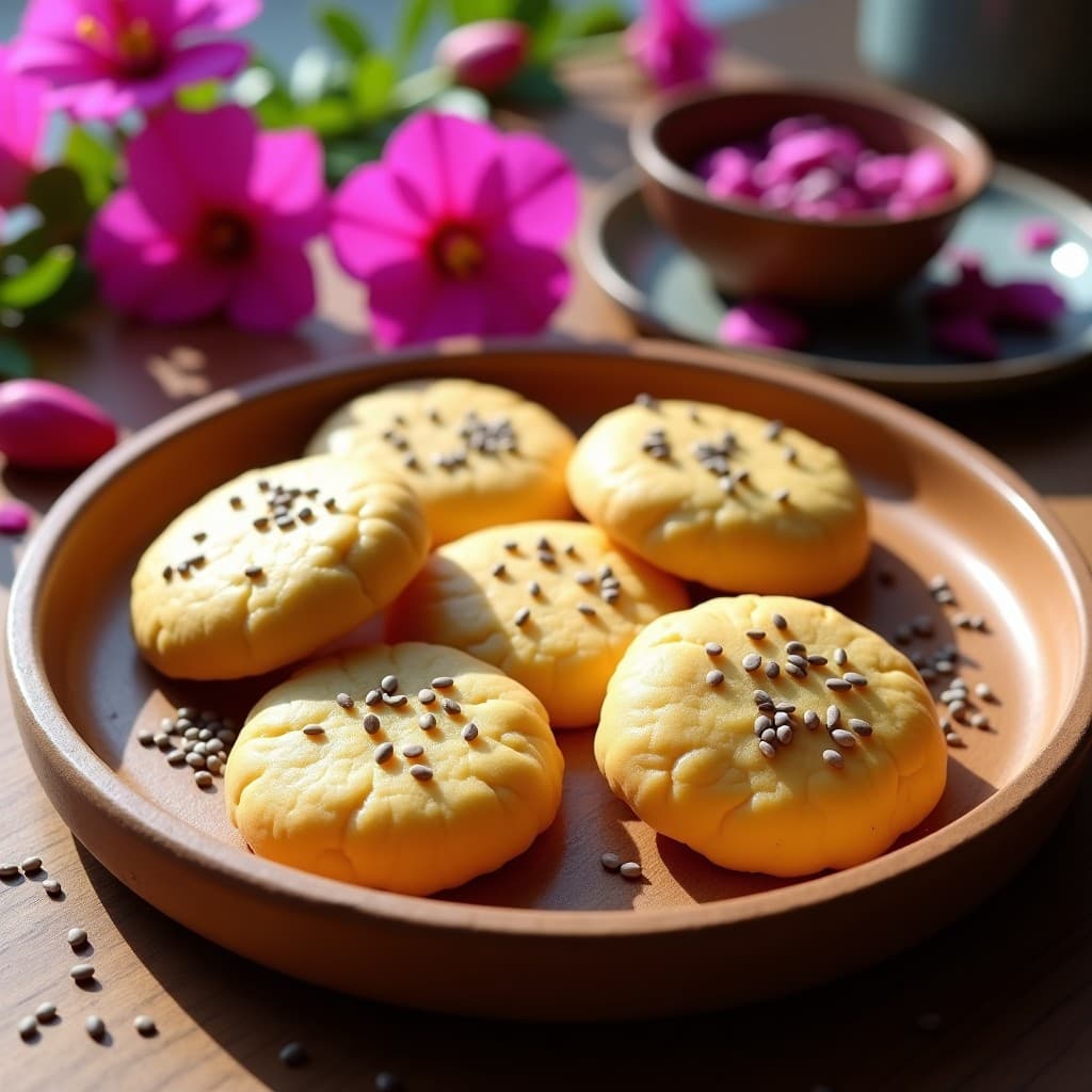 Galletas doradas y rosadas de harina de buganvilla y semillas de chía, con semillas de sésamo tostadas en la superficie, dispuestas en una bandeja de madera rústica con flores de buganvilla al fondo. Snack vegano antioxidante.