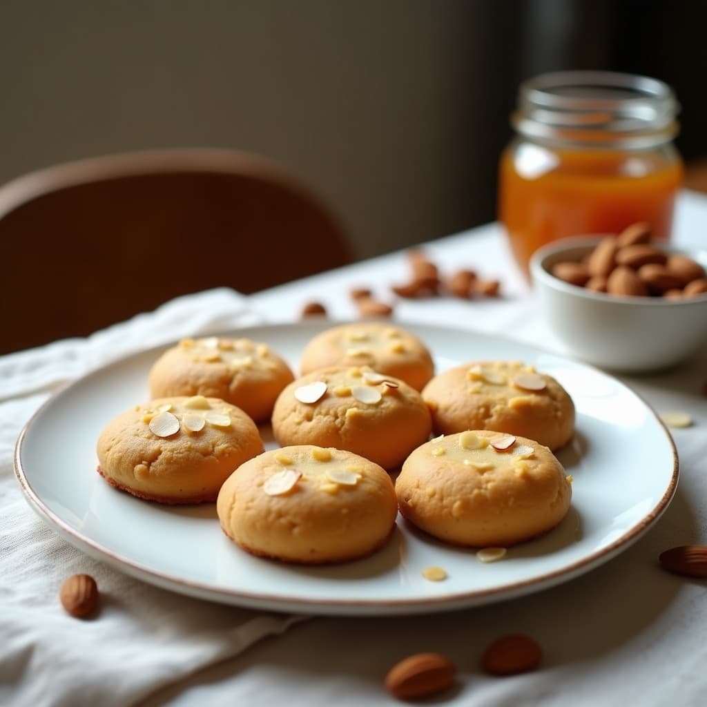 Galletas doradas y crujientes de harina de castanha con trocitos de almendra, bañadas en un suave brillo de miel de eucalipto, servidas en un plato de cerámica blanca sobre un mantel de lino rústico.
