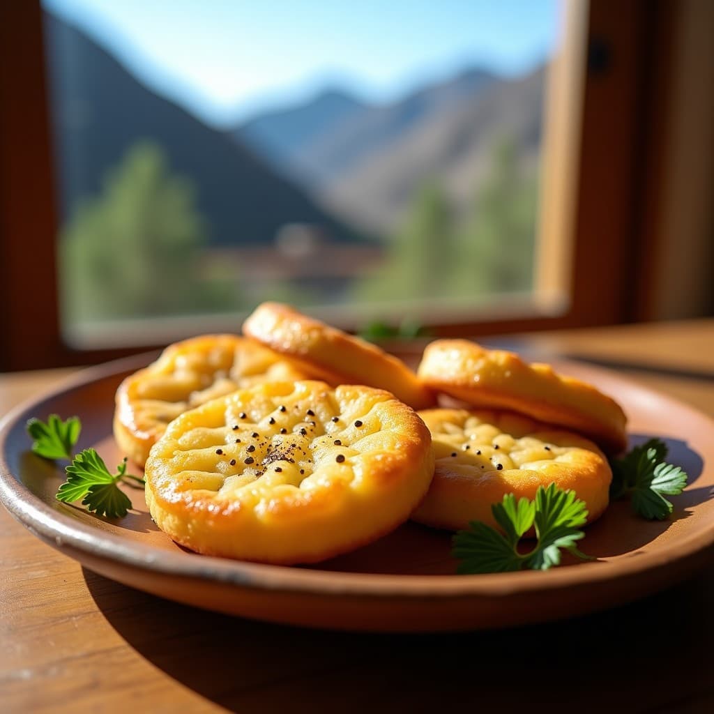 Galletas doradas y crujientes de harina de coca y queso manchego, apiladas en un plato de madera rústica con semillas de chía visibles, acompañadas de perejil fresco y un fondo de cielo andino.