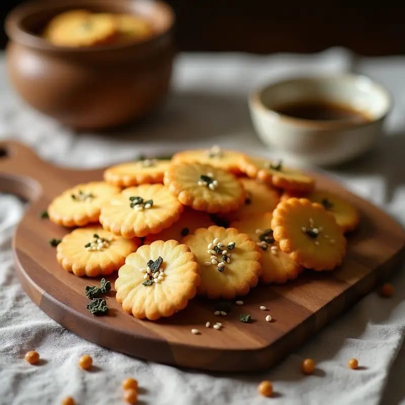 Galletas doradas y crujientes de harina de garbanzo con copos de algas nori y semillas de sésamo tostadas, dispuestas en un plato de madera rústico con fondo de cocina minimalista, snack vegano con omega-3 para tupper.