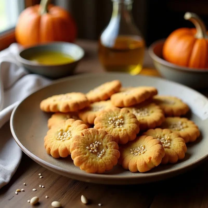 Bandeja de galletas doradas y crujientes hechas con harina de guisante y semillas de calabaza, snack proteinado y saludable sobre fondo rústico.