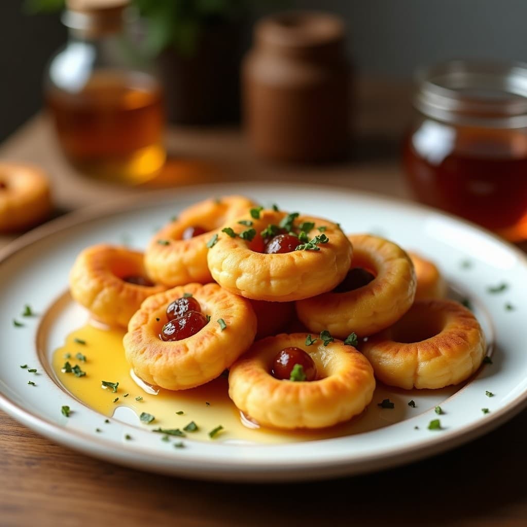 Galletas doradas y crujientes de harina de insectos y miel, con semillas de cáñamo tostadas visibles en la superficie, dispuestas en una bandeja de madera rústica sobre fondo oscuro. Snack futurista rico en proteínas y sostenible.