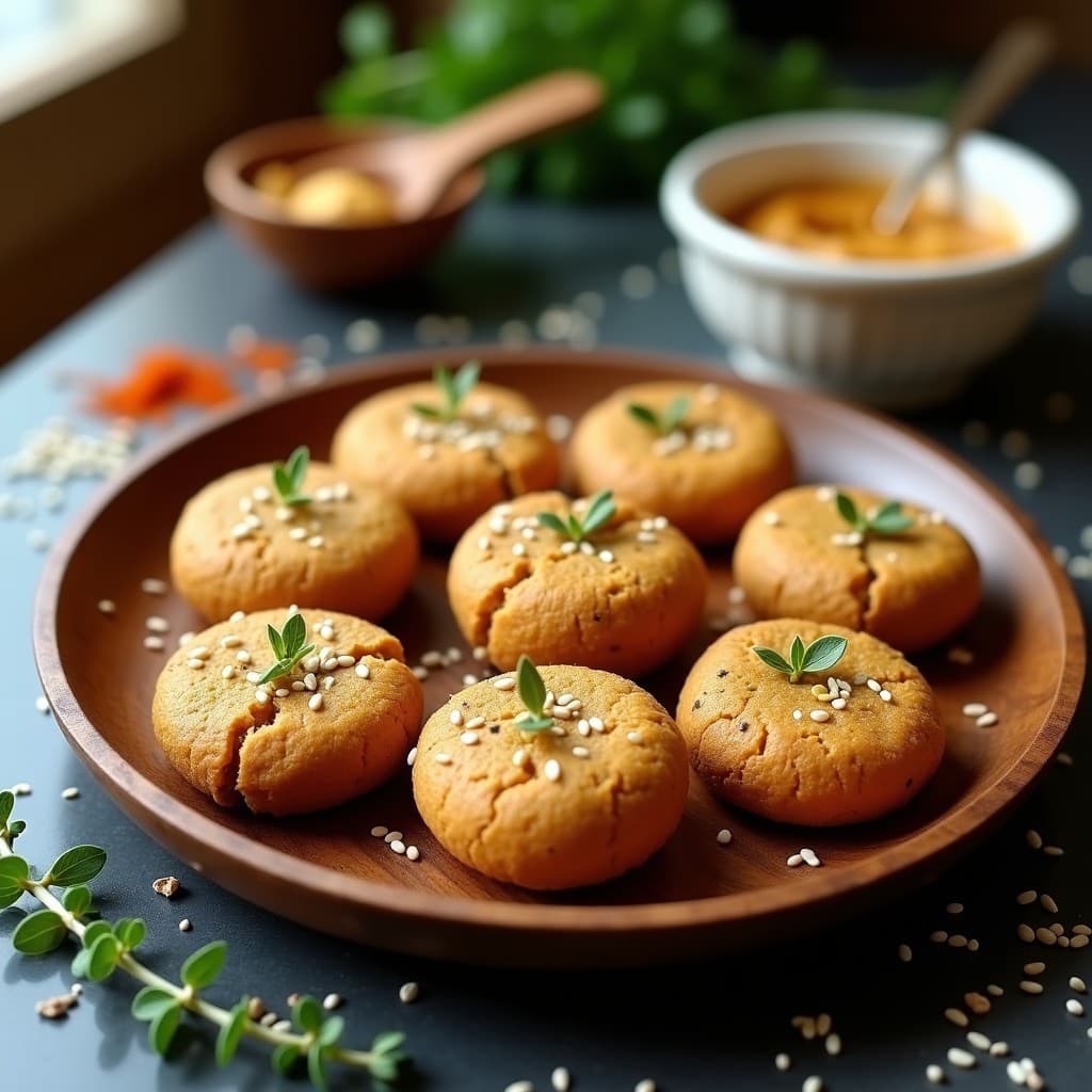Galletas doradas y crujientes de harina de lenteja y tahini, con semillas de sésamo y tomillo fresco, dispuestas en un plato de madera rústica junto a un bol de tahini y especias. Snack proteico y sin harina en airfryer.