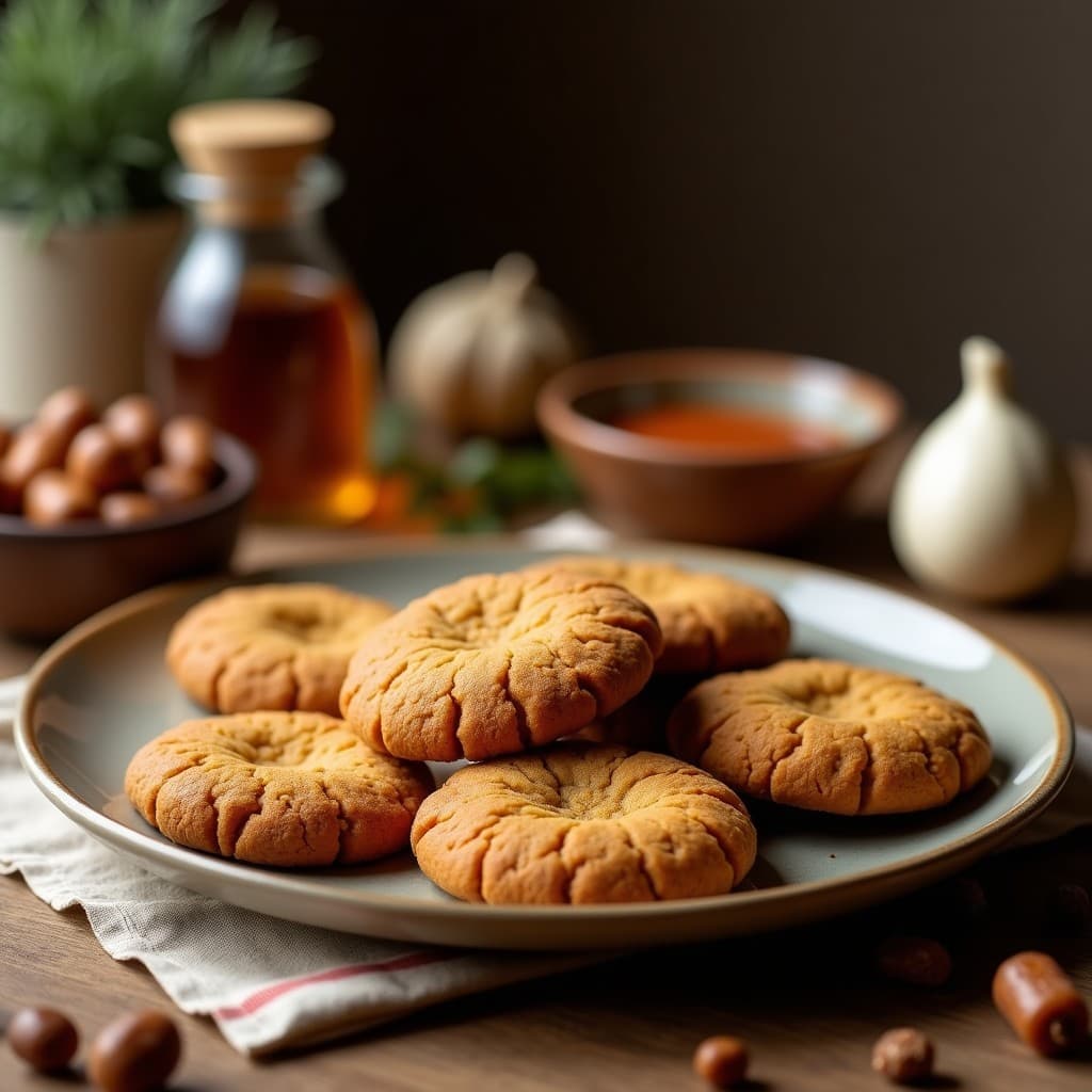 Galletas doradas y crujientes de harina de lentejas con pasta de dátiles, espolvoreadas con semillas de sésamo tostadas, dispuestas en un plato de madera rústico con fondo claro.