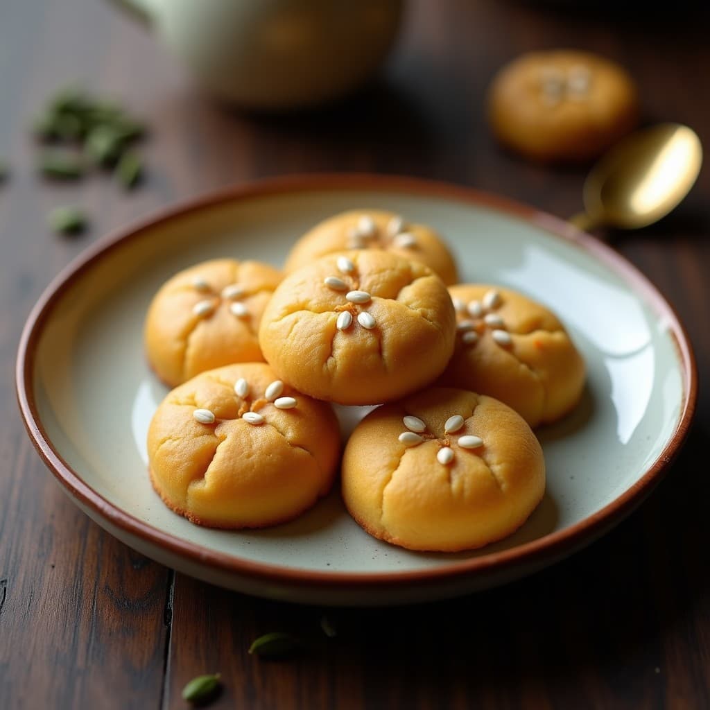 Galletas doradas y crujientes de harina de banana con semillas de loto tostadas, snack chino crudivegano sin azúcar, servidas en plato de cerámica con fondo de madera rústica.