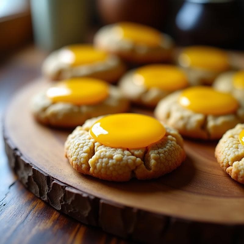 Galletas doradas de harina de sésamo y semillas de chía con topping de pulpa de granadilla amarilla, postre colombiano sin harina sobre bandeja de madera rústica.