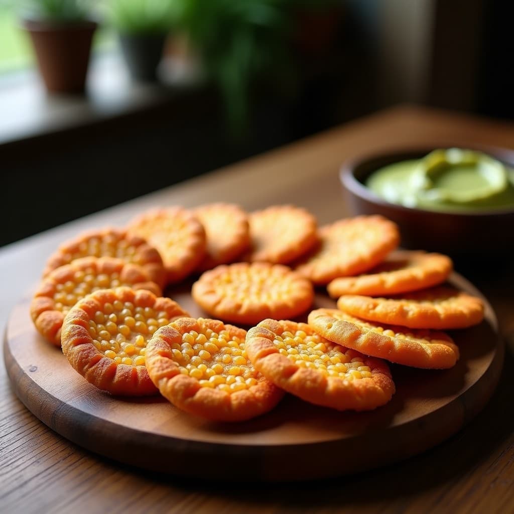 Galletas doradas y crujientes de lentejas rojas con semillas de sésamo tostado, apiladas en un plato de cerámica blanca sobre fondo rústico de madera, receta keto y sin gluten.