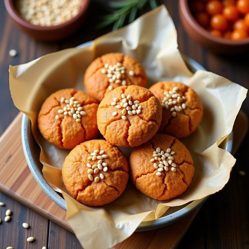Vista cenital de galletas crudiveganas de lentejas rojas y tahini con semillas de sésamo, dispuestas en círculo sobre papel de horno rústico, con textura crujiente y color dorado claro.