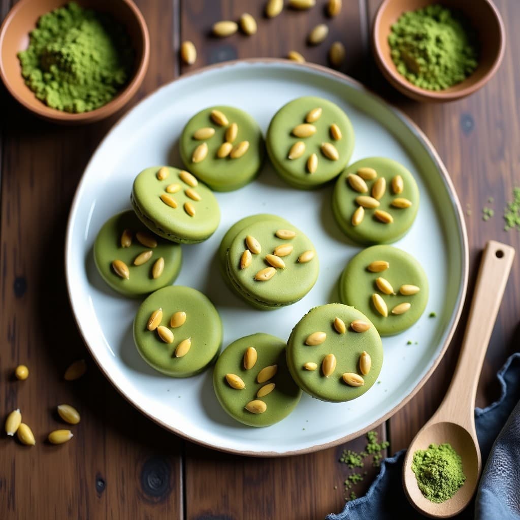 Galletas redondas de color verde claro con semillas de calabaza doradas en la superficie, dispuestas en un plato de cerámica blanca sobre fondo de madera. Snack japonés keto y crudivegano.
