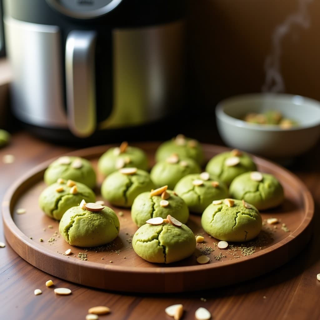 Galletas doradas de harina de pistacho y matcha dispuestas en una fuente de madera, con semillas de chía y almendras fileteadas en la superficie, horneadas en airfryer.