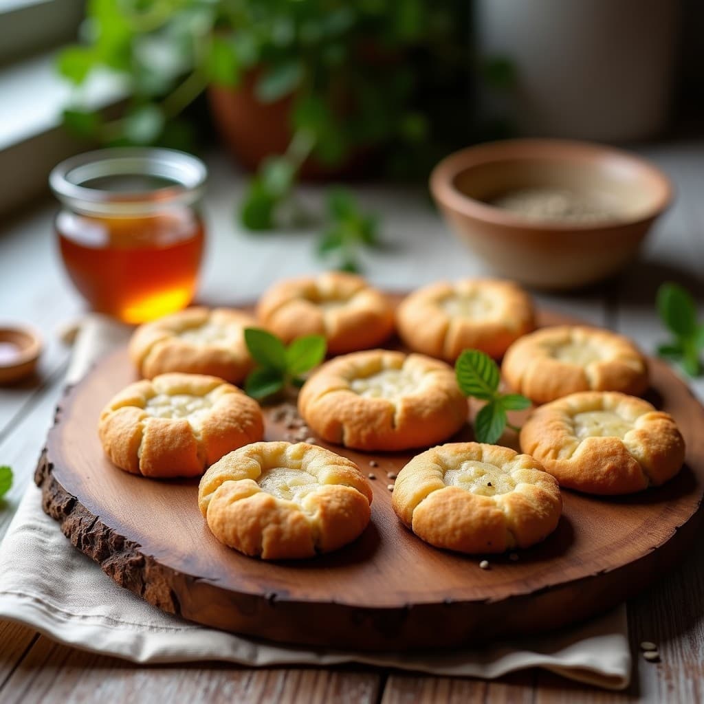Bandeja de madera con galletas doradas de proteína de cáñamo y miel de Manuka, crujientes por fuera y con semillas de chía visibles, sobre un mantel rústico. Snack keto y antiinflamatorio.