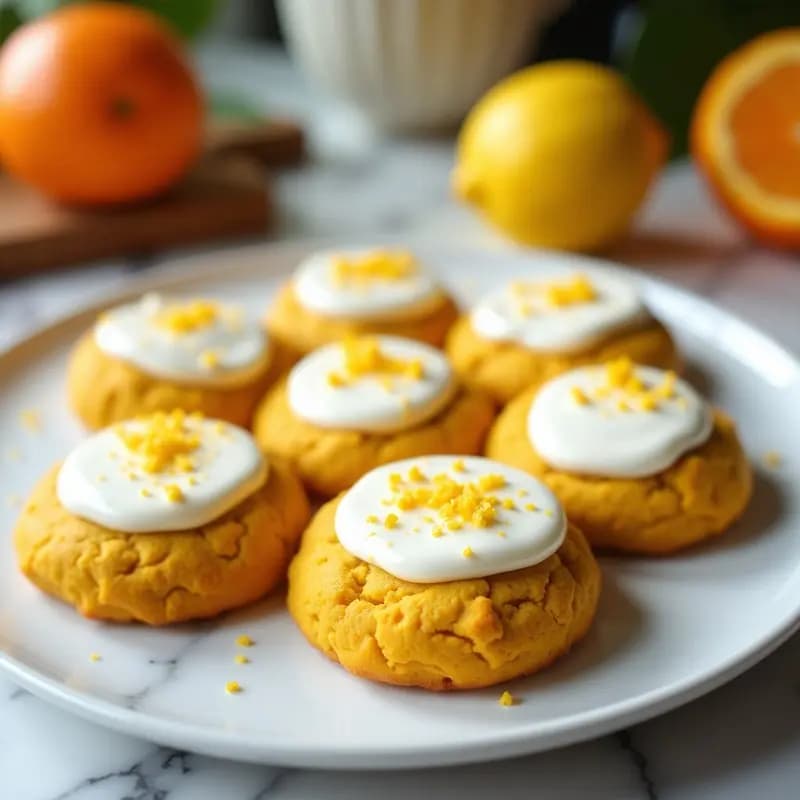 Galletas doradas y esponjosas con glaseado blanco cremoso de yogur griego, decoradas con ralladura de naranja y limón sobre fondo claro. Receta de galletas de proteína de cítricos y cúrcuma, snack fitness colorido y estético.
