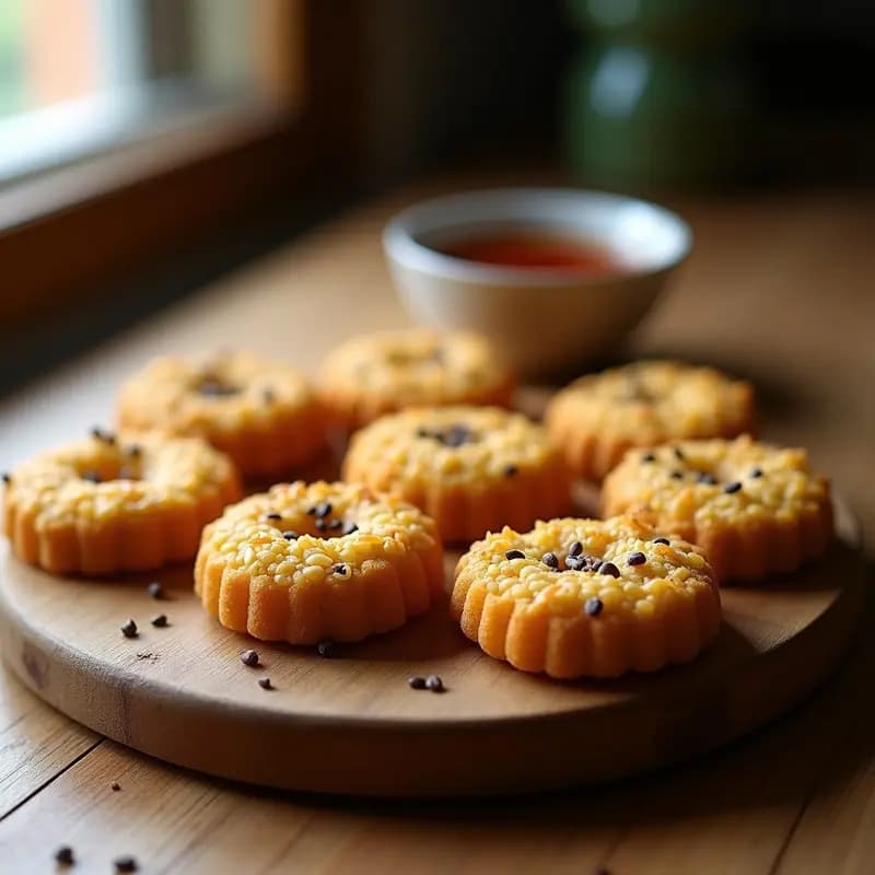 Galletas redondas y doradas de quinoa puff y semillas de chía con sirope de yacón, decoradas con semillas de sésamo tostadas, sobre una bandeja de madera rústica con fondo白色.