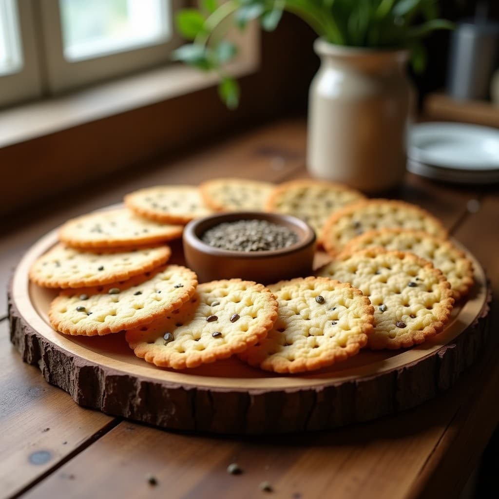 Galletas doradas y crujientes de quinoa y semillas dispuestas en una bandeja de madera rústica, con semillas de sésamo, chía y girasol visibles en su superficie. Receta sin harina y alta en omega-3.