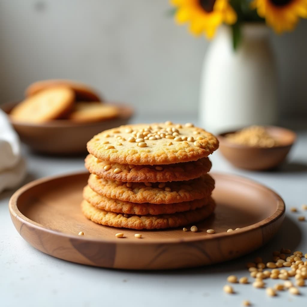 Galletas doradas y crujientes de semillas de girasol y miso, apiladas en un plato rústico de madera con semillas de sésamo visibles en la superficie. Snack salado keto y alto en proteína, ideal para aperitivo.