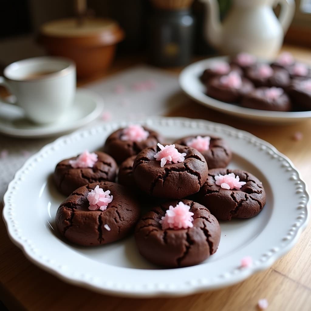 Galletitas doradas y crujientes de harina de coco con trozos de chocolate negro 85% y sal rosa espolvoreada, apiladas en un plato rústico de cerámica blanca sobre fondo de madera clara.