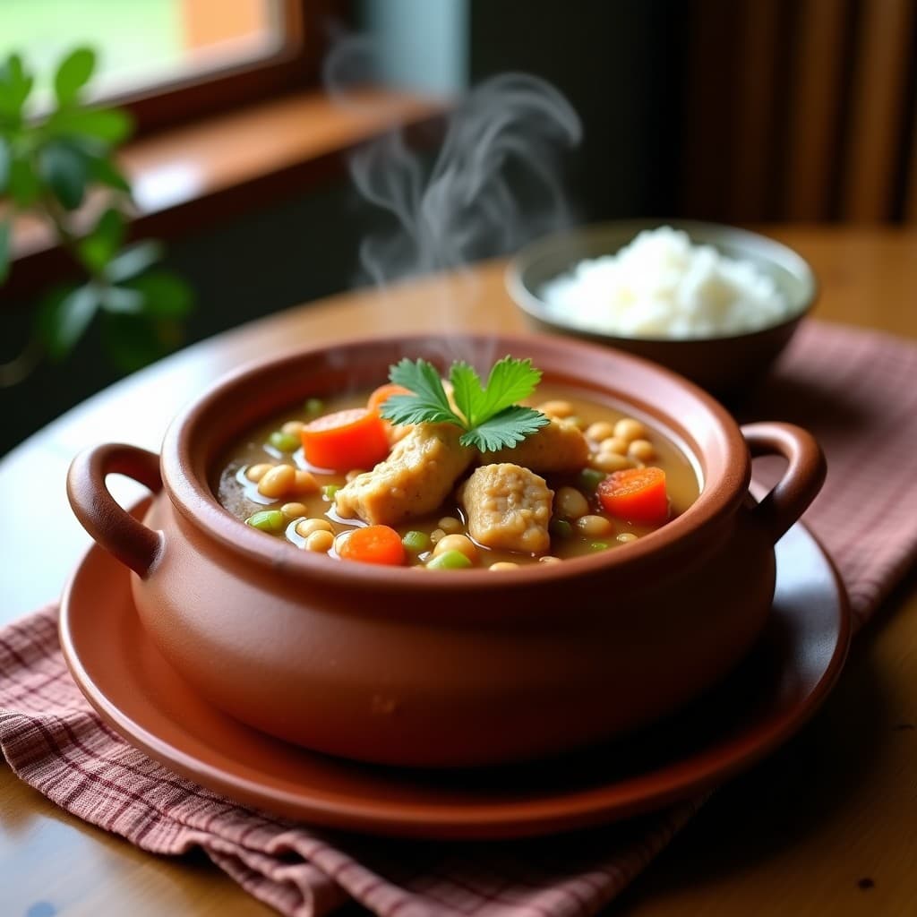 Olla de barro con gallina pinto estofada, frijoles pintos y verduras en caldo espeso, servida con cilantro fresco y acompañada de arroz blanco.