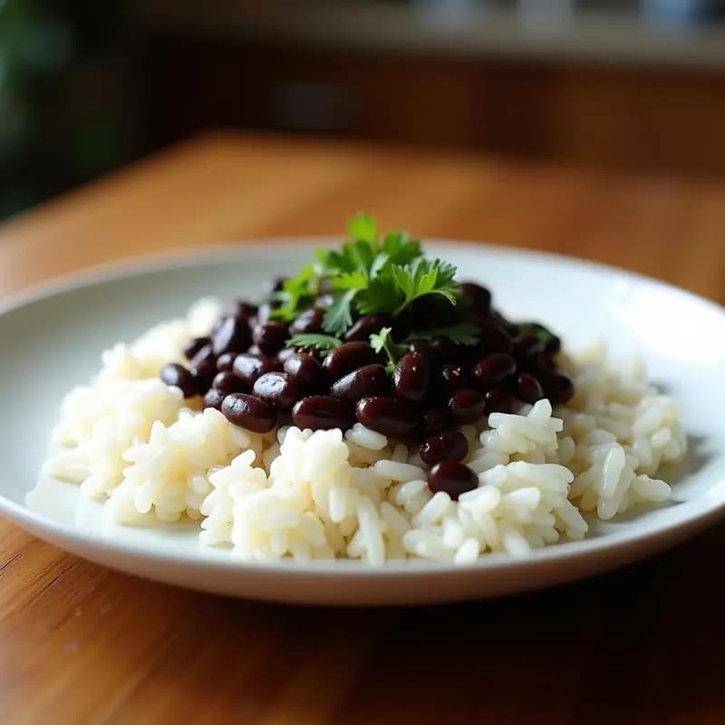 Plato hondo de barro con gallo pinto vegano, mezcla de arroz blanco y frijoles negros con leche de coco, decorado con cilantro fresco y rodajas de aguacate.