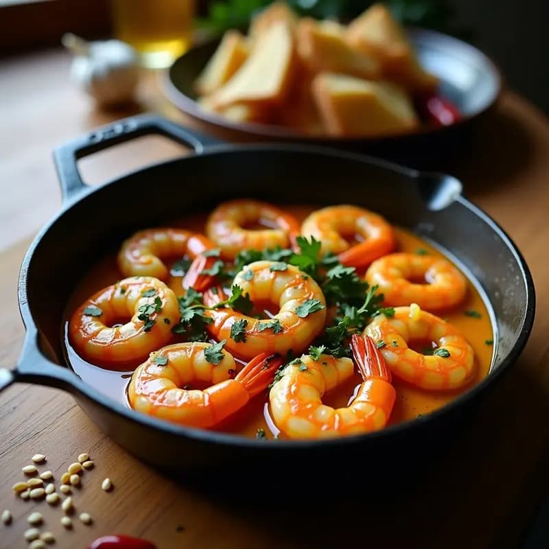 Sartén de hierro con gambas al pil pil con zaatar, bañadas en salsa cremosa dorada, decoradas con perejil fresco y especias zaatar espolvoreadas, fondo rústico de madera.