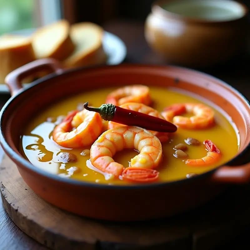 Cazuela de barro humeante con gambas al pilpil, salsa cremosa y dorada con trozos de ajo, guindilla y un chorro de aceite de oliva virgen extra, servidas sobre mesa rústica de madera.