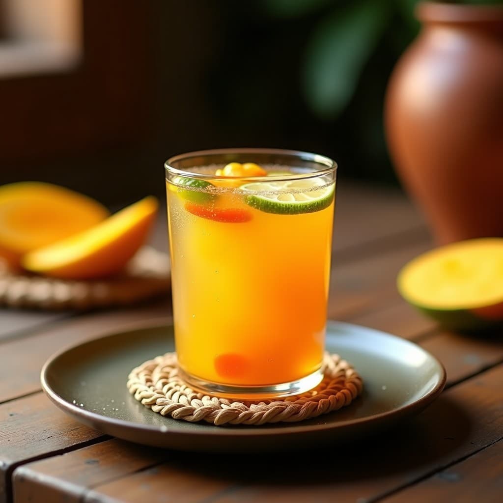 Vaso de cristal con gases de mango habanero fermentados, líquido dorado con burbujas, rodajas de limón y trozos de chile habanero flotando, fondo rústico de madera.