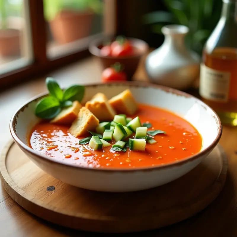 Cuenco de cerámica blanca con gaspacho andaluz helado, decorado con pepino, pimiento y virutas de pan tostado, sobre fondo rústico de madera con hierbas frescas.