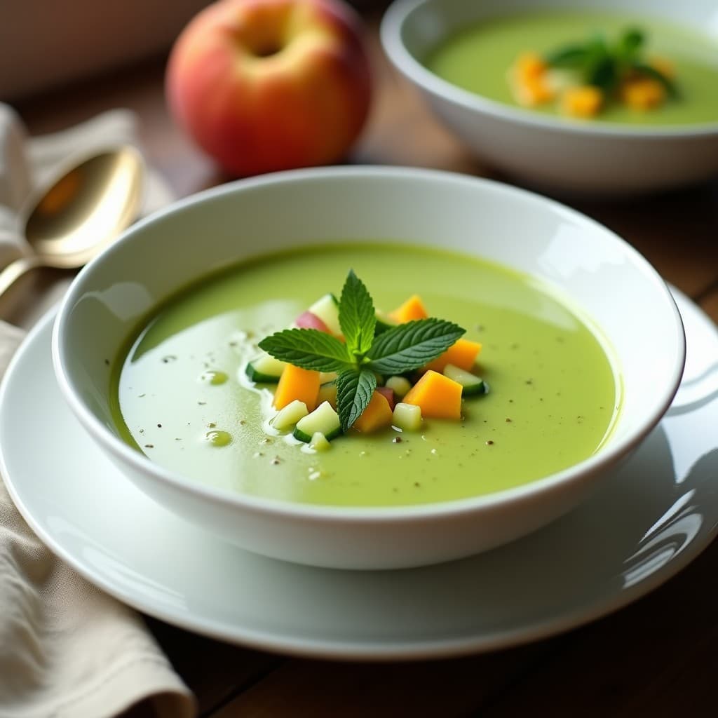 Cuenco de cerámica blanca con gaspacho andaluz de pepino y melocotón, decorado con hojas de menta y trocitos de pepino y melocotón, sobre una mesa rústica de madera con fondo desenfocado.