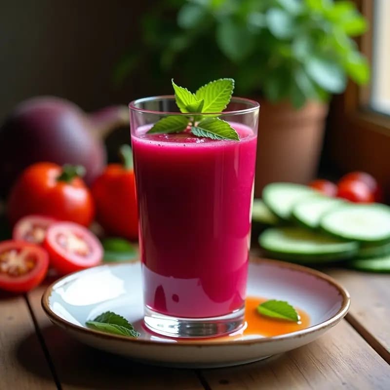 Vaso alto de cristal con gaspacho de remolacha vegano, color fucsia intenso, decorado con hojas de menta y un hilo de aceite de oliva. Fondo de mesa de madera rústica con ingredientes frescos al lado.