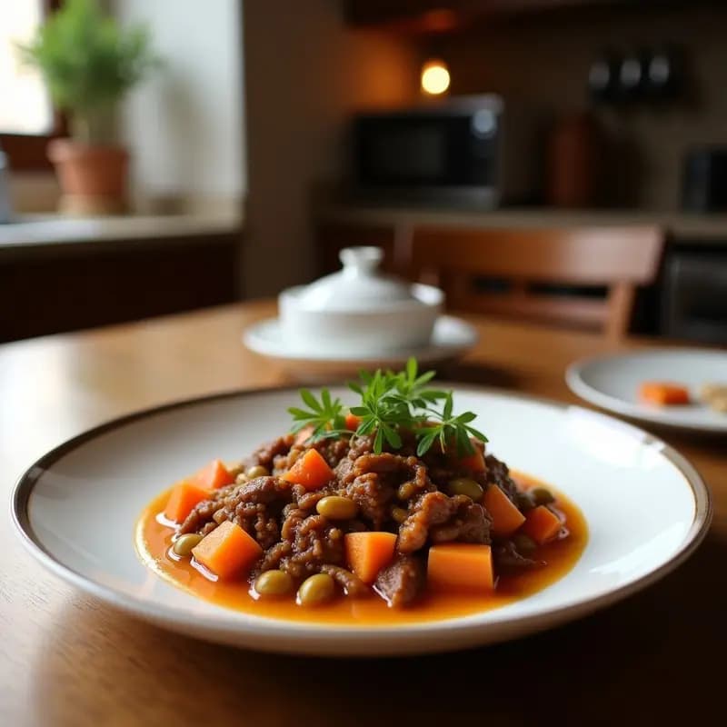 Olla honda de barro con gazo de ternera estofado andaluz, trozos tiernos de carne, patatas y zanahorias en un caldo espeso y aromático, servido en plato de cerámica rústica.