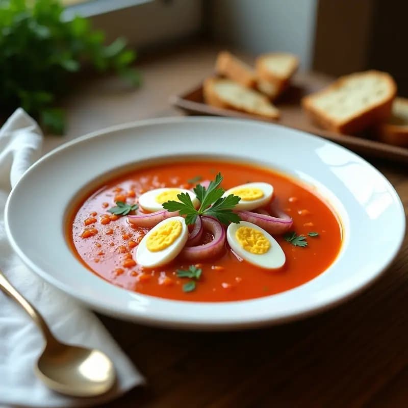Cuenco hondo de cerámica blanca con gazpacho frío, decorado con cuartos de huevo duro, ventresca de atún desmenuzada, cebolla morada en juliana y perejil fresco. Alrededor, trozos de pan tostado y un chorrito de aceite de oliva virgen extra.