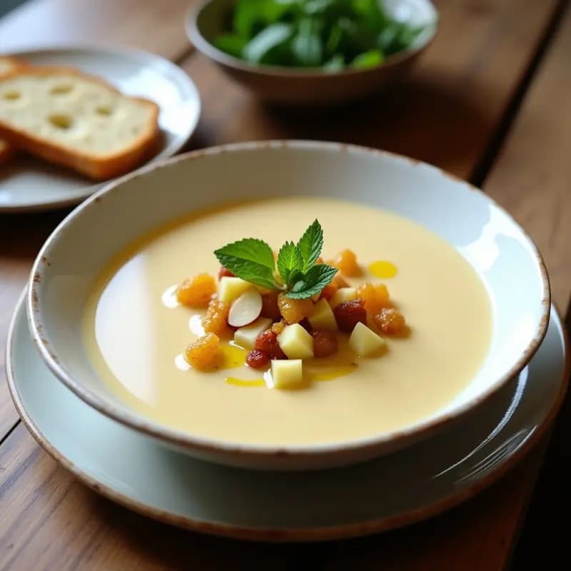 Cuenco de cerámica blanca con gazpacho cremoso de coliflor asada, decorado con cubos de manzana verde, uvas pasas y almendras tostadas. Fondo rústico con pan sin gluten y hierbas frescas.