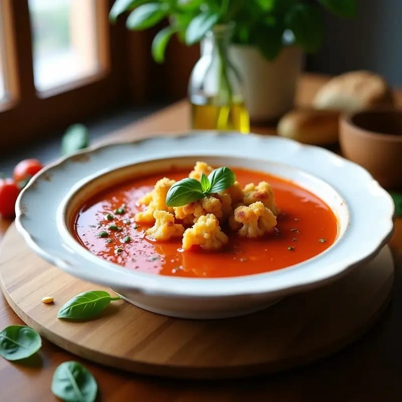 Cuenco de gazpacho picón vegano con crujiente de coliflor, receta fría y sin gluten servida con floretes dorados y especiados por encima.