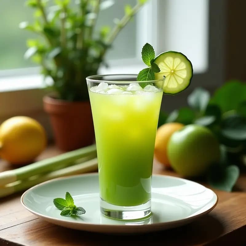 Vaso alto de cristal con gazpacho vegano de pépino y limoncillo, decorado con rodaja de pépino y hoja de menta, sobre fondo rústico de madera con limones y tallos de limoncillo.