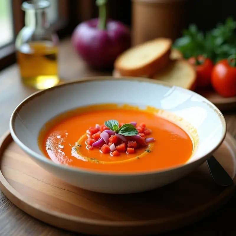 Cuenco de cerámica blanca con gazpacho de pisto navarro frío, decorado con trocitos de pimiento rojo, cebolla morada y un hilo de aceite de oliva virgen extra. Fondo rústico con pan tostado al lado.