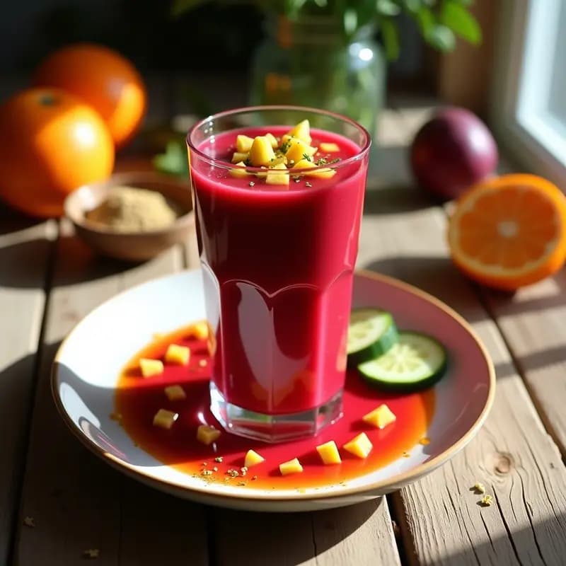 Vaso alto transparente con gazolpacho andaluz de remolacha y naranja, color rojo vibrante, decorado con trocitos de naranja y pepino sobre una mesa rústica de madera con fondo de luz natural.