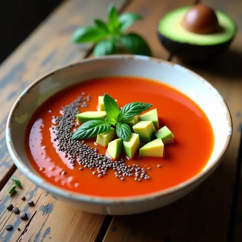 Cuenco de cerámica blanca con Gazpacho Andaluz con Aguacate y Semillas de Chía: receta vegana y depurativa. El gazpacho tiene un color verde intenso con vetas cremosas, decorado con rodajas de aguacate, semillas de chía y hojas de cilantro fresco. Fondo rústico con pan de centeno y un hilo de aceite de oliva.