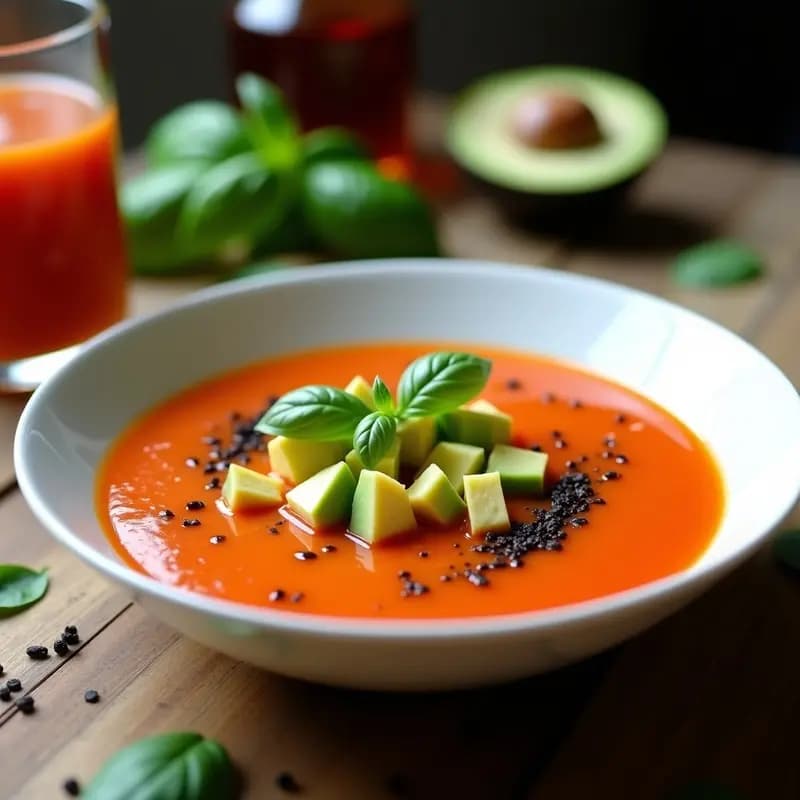 Cuenco de gazpacho andaluz con aguacate y vinagre de Jerez, sopa fría cremosa de color verde claro decorada con trozos de aguacate, hilo de aceite de oliva y hojas de albahaca sobre fondo rústico de madera.