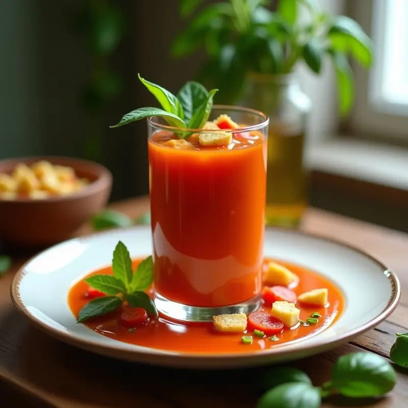 Vaso de cristal alto con gazpacho andaluz cremoso, decorado con dados de pepino, pimiento rojo y croutons. Fondo rústico con hierbas frescas y aceite de oliva.