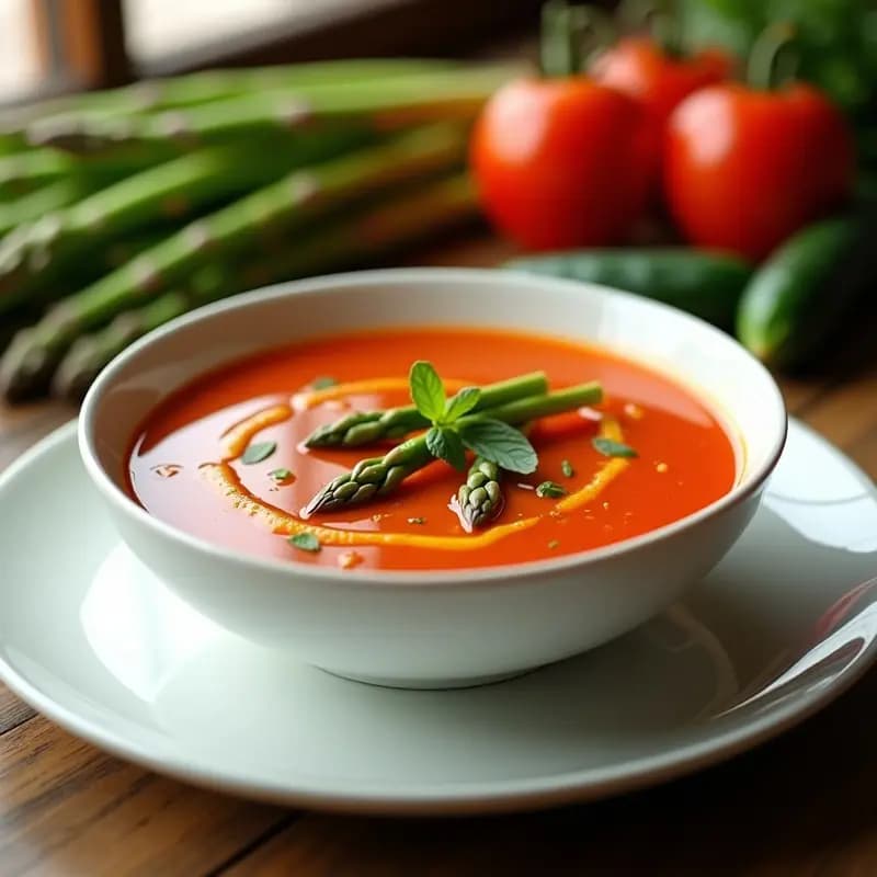 Cuenco de gazpacho andaluz frío con trozos de espárragos verdes y un hilo de aceite de oliva virgen extra, servido en un plato rústico de cerámica blanca.