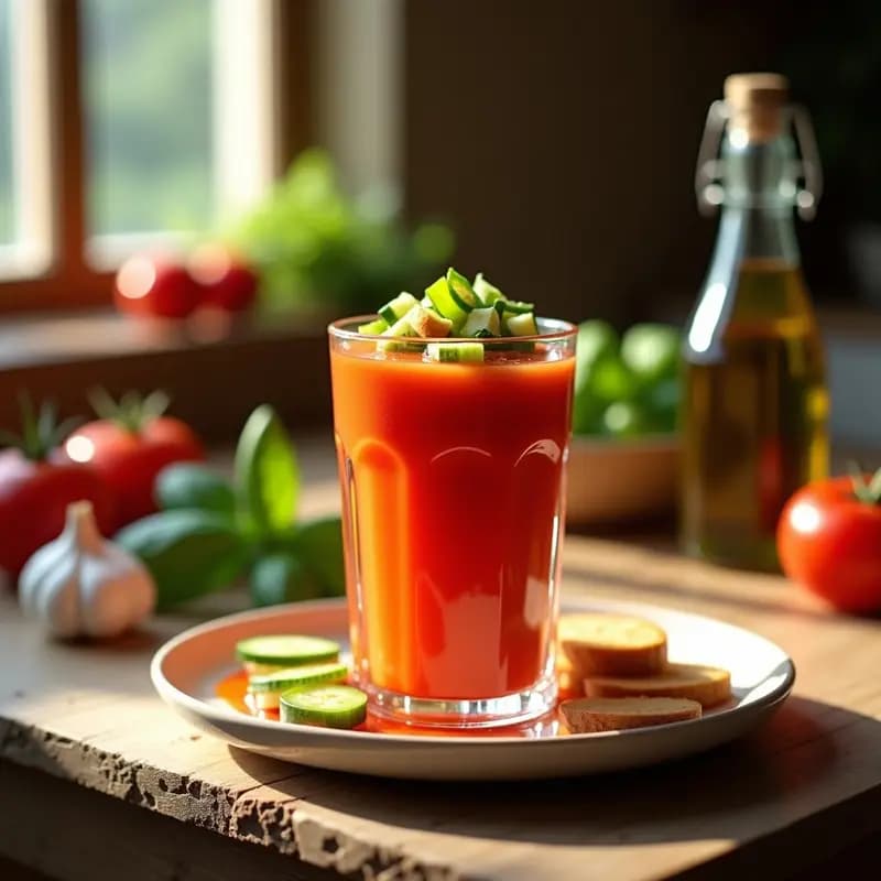 Gazpacho andaluz helado servido en vaso alto de cristal con trozos de pepino, pimiento verde y pan tostado. Fondos borrosos de ingredientes frescos: tomates, ajo y hierbas.