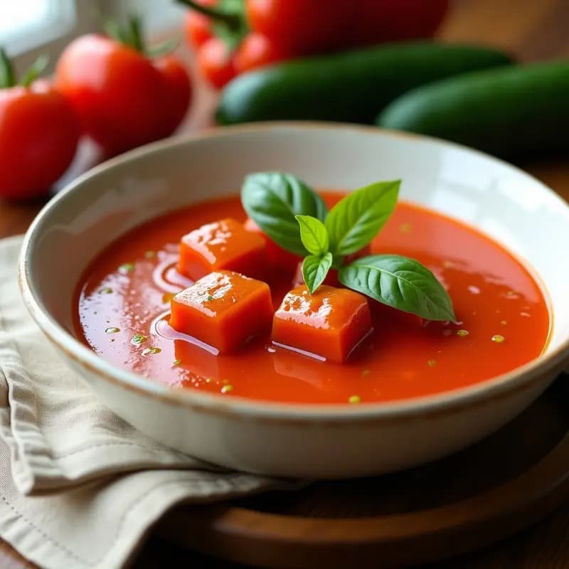 Cuenco de gazpacho andaluz cremoso con cubitos de hielo de vinagre de Módena brillantes, decorado con hojas de albahaca fresca y un hilo de aceite de oliva virgen extra, servido sobre una mesa rústica de madera con fondo de luz natural.