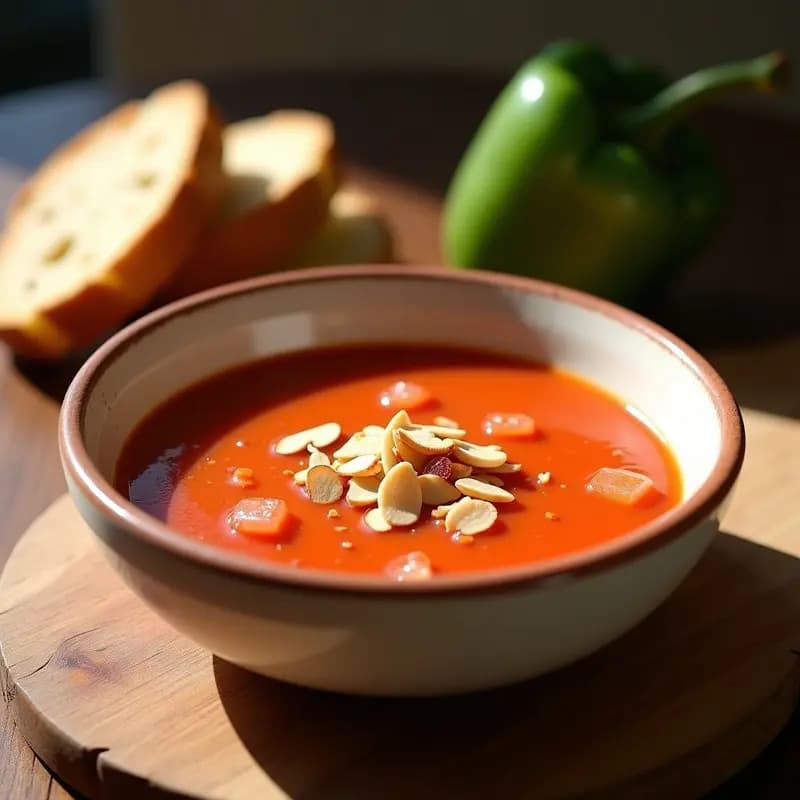 Cuenco de barro blanco lleno de gazpacho andaluz con pan de pueblo, de color rojo intenso y textura cremosa, decorado con almendras tostadas picadas y un hilo de aceite de oliva virgen extra. Al fondo, rebanadas de pan rústico y un pimiento verde. Imagen fresca y veraniega.