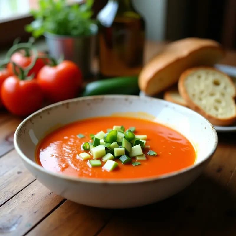 Cuenco de gazpacho andaluz frío con trozos de pepino, pimiento verde y un chorrito de aceite de oliva virgen extra, servido sobre una mesa rústica de madera con fondo de cocina tradicional.