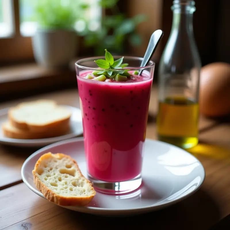 Vaso alto de cristal con gazpacho andaluz de remolacha en conserva, de color rosa intenso, decorado con trocitos de pepino, pimiento verde y remolacha. Fondo rústico con pan y aceite de oliva.