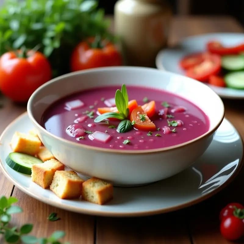 Cup de gazpacho andaluz con repollo morado, color vibrante morado-rojizo, servido con trocitos de pepino, pimiento y croutons. Receta refrescante y saludable.