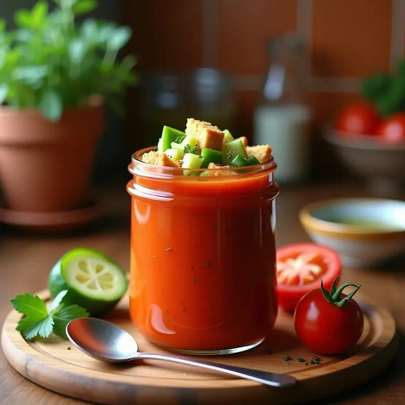 Vaso alto de gazpacho andaluz tradicional con trozos de pepino, pimiento y crotons de pan, servido en tarro de vidrio con cuchara de madera, receta en conserva.